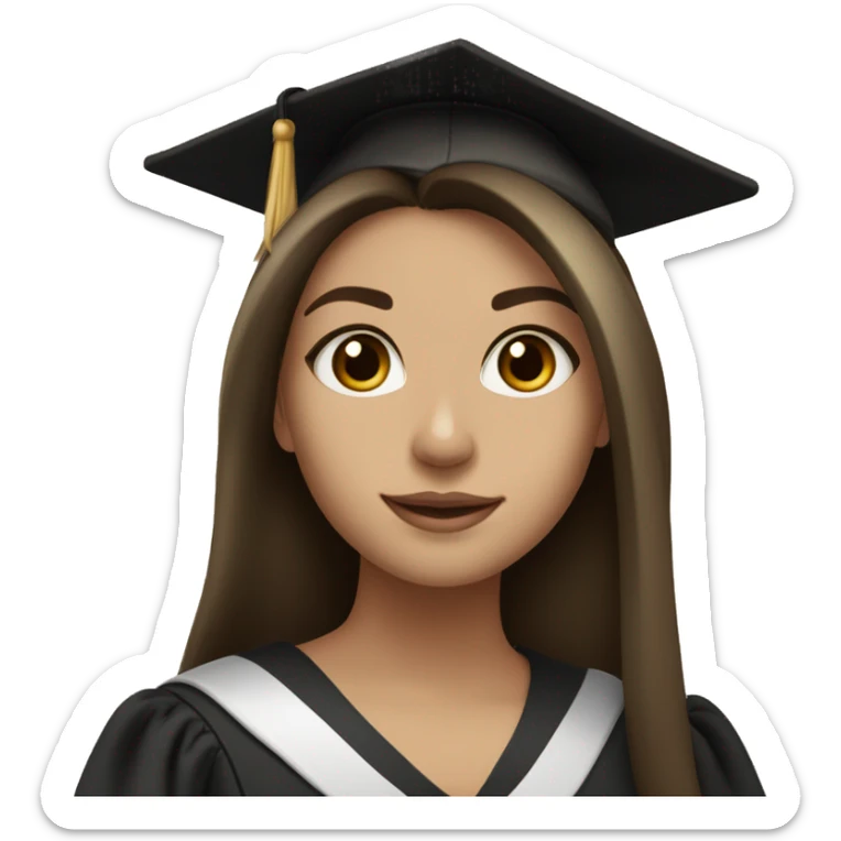 Brunette girl with long voluminous dark brown hair  dark brown eyes with blonde highlights balayage and graduation hat sticker