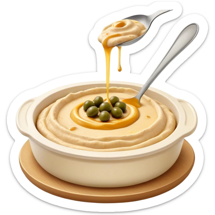 Cinematic Realistic Hummus Dish Emoji, depicted as a creamy chickpea dip drizzled with olive oil rendered with rich textures and warm, inviting lighting. sticker