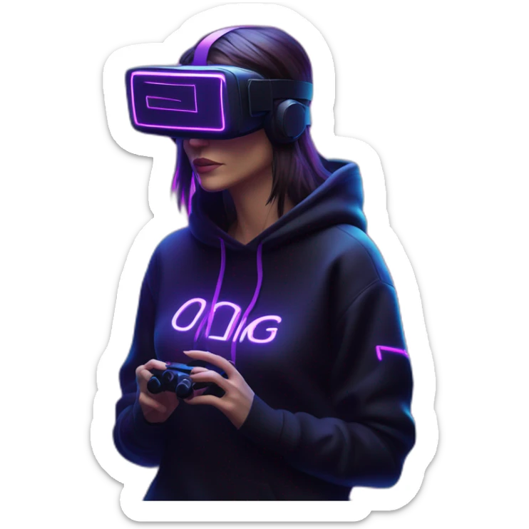 Cathie Wood wearing a black hoodie with "OMG" letters on it and VR headset in a cyberpunk VR environment with violet neon lighting. sticker