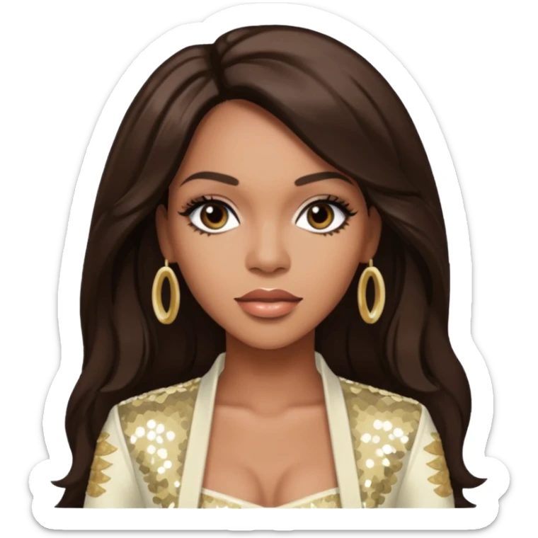 Farrah Franklin from Destiny's Child with long dark brown hair, ivory sequin outfit sticker