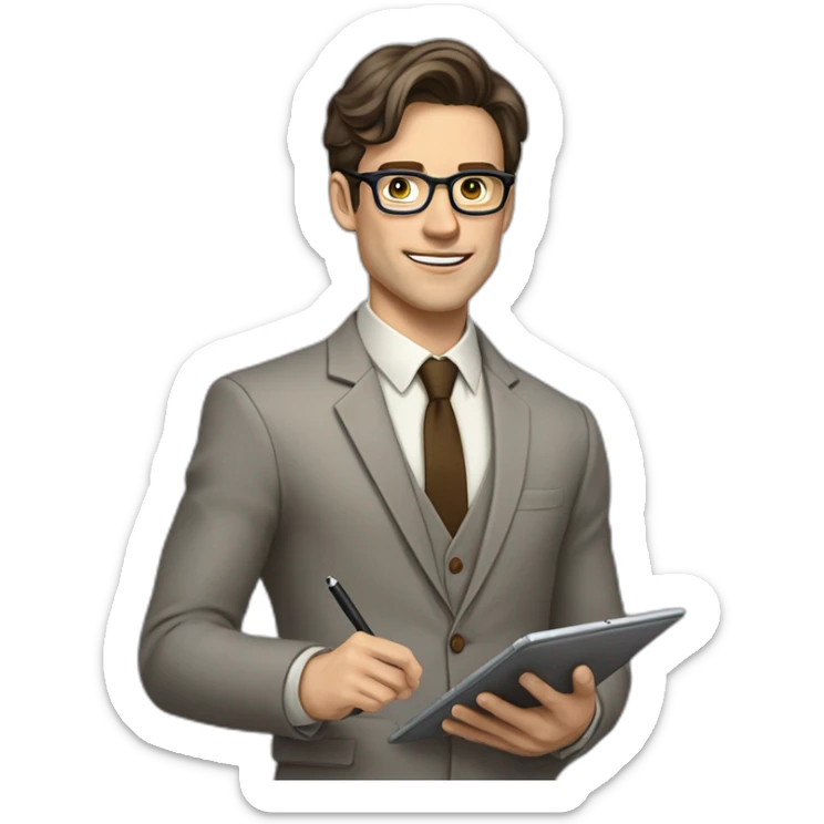Pale skinned fit man with dark brown hair in gray jacket, beige office shirt, brown tie, brown pants and vintage glasses Writing on the tablet sticker