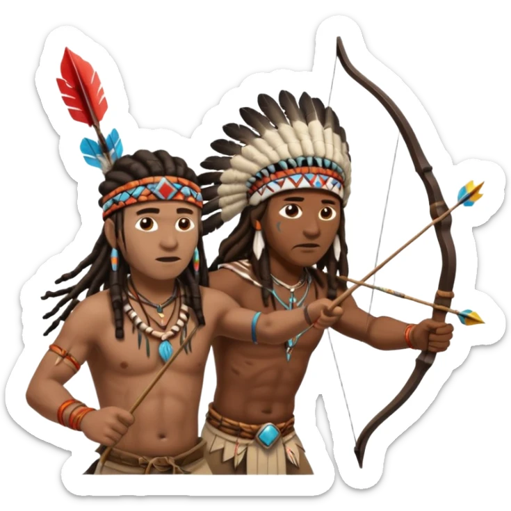 Black American man dark brown with dreads with a American Indian headdress shooting a bow and arrow at a native Indian while they run sticker