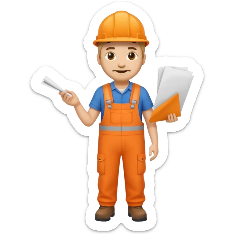 emoji style railway engineer full body in orange overalls, carrying one piece of paper in front of him sticker