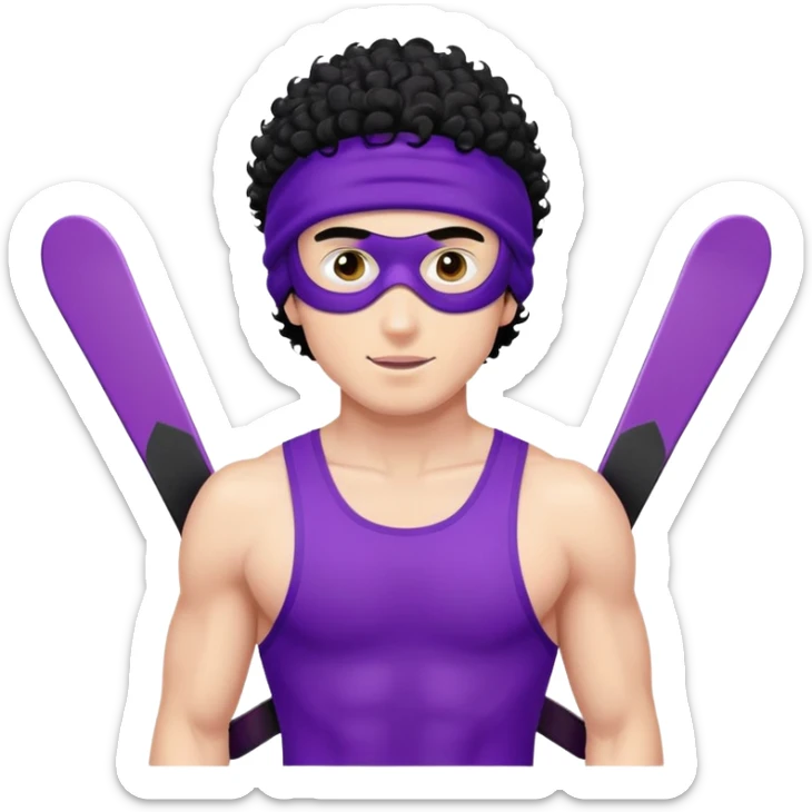 shirtless athletic man with white skin and black curly hair, wearing a purple ski mask sticker