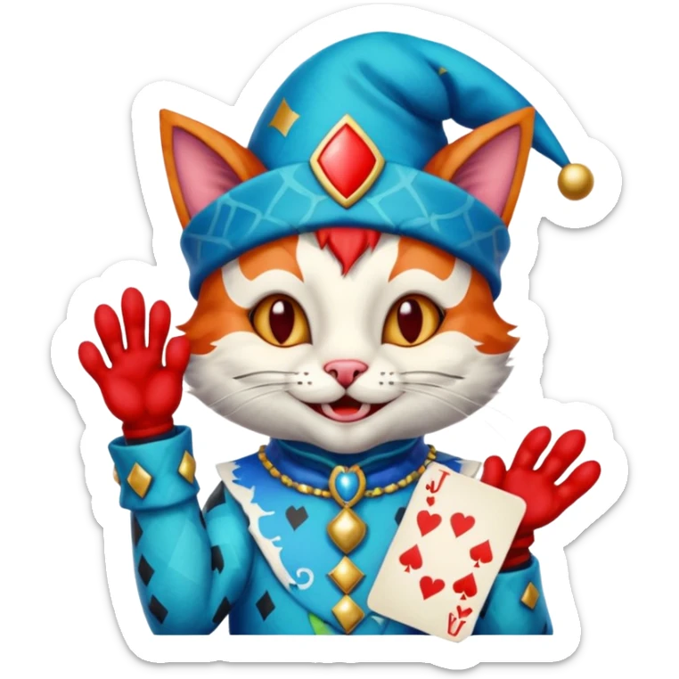 crazy colorful cute little cat jolly joker from poker, medieval, vintage, court jester, mac os icon, blue color, holds a single poker card on the right paw sticker
