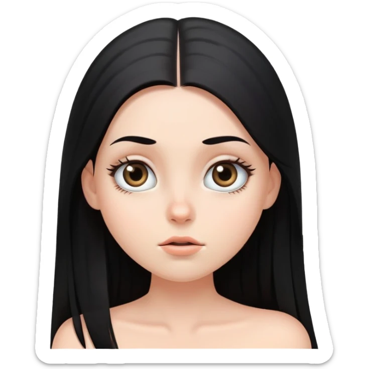White girl face closeup with huge round eyes, long straight black hair falling in front of her bare shoulders, face closeup sticker