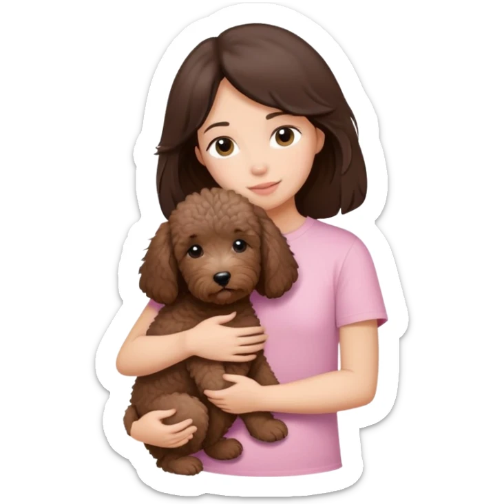 One girl with medium long dark brown hair dressing baby pink T-shirt, hugging One little brown coated labradoodle. sticker