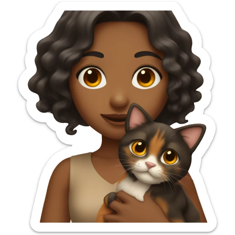 tan girl with long wavy black hair, holding a brown and orange cat sticker