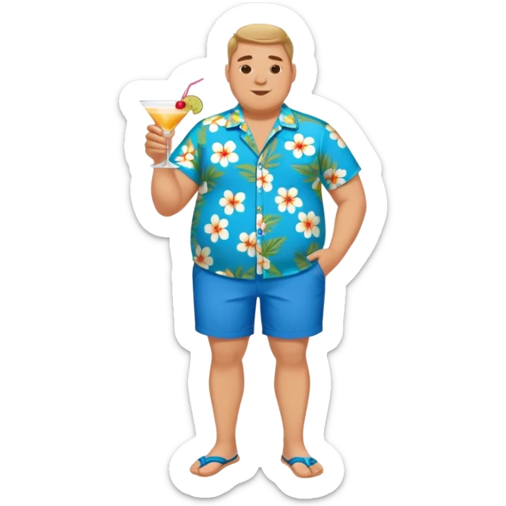chubby guy full figure in a flowered azure havai shirt, brown shorts and flippers holding a cocktail sticker
