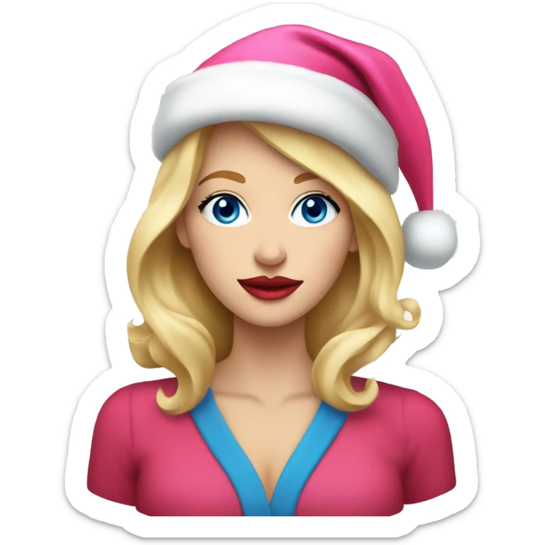 Beautiful blonde blue eyed woman, pink lips, wearing red santa hat sticker