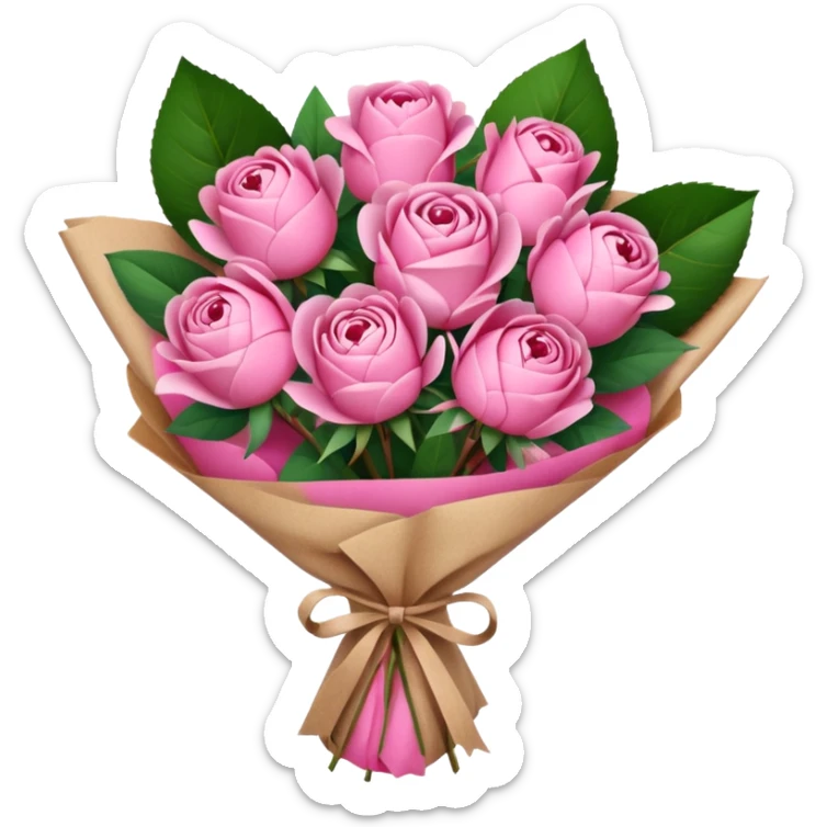 Bouquet of pink flower like rose and peony wrapped in kraft paper sticker