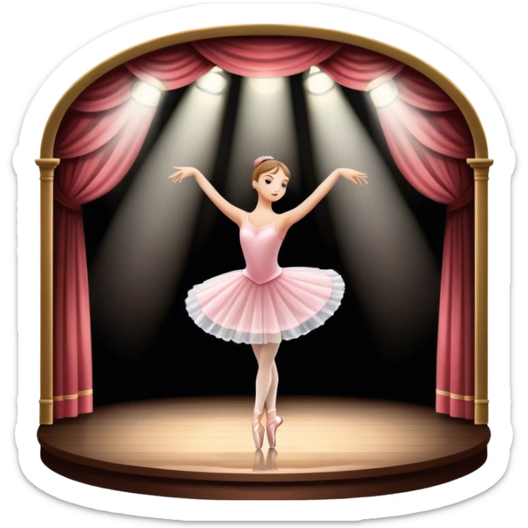 Icon for Ballet: a theater stage with silhouette of a ballerina in an elegant pose, surrounded by spotlight and stage lights. The icon should convey the grace and beauty of ballet, with focus on the dancer and the dramatic lighting. Transparent background. sticker