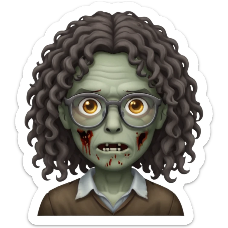 make a zombie with grey skin and long dark brown curly hair and glasses sticker