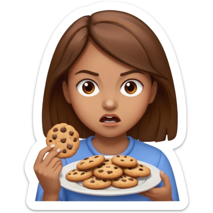 Angry girl brown hair that’s eating a plate of cookies sticker
