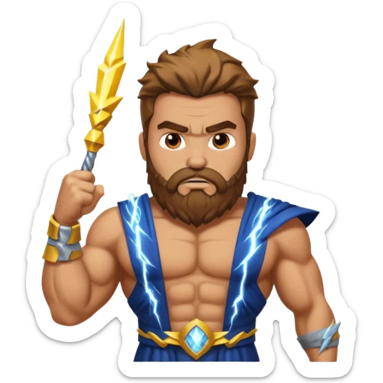 An emoji of the Greek god Zeus. He is a powerful, bearded man with a serious expression, holding a lightning bolt. sticker