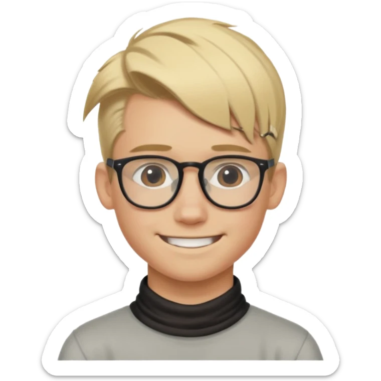 blond hair teen boy pony tail undercut with tattoo on his neck, wearing glasses, strong built, smile warmly  sticker