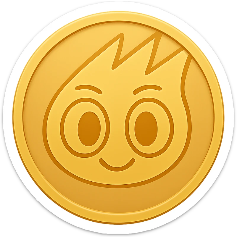 Create an emoji style gold token with a simple rim, featuring only the mascot head from the provided image. The design should have minimal details, no shadows, and be centered on a transparent background. The mascot head should be as in the reference image, but with slightly larger eyes, styled to look like an emoji gold token with a simple rim. sticker