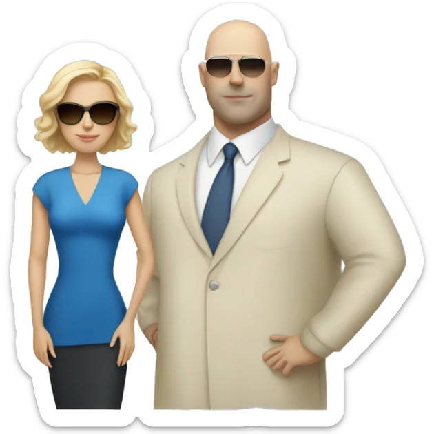 White woman with blonde hair wearing sunglasses and a blue dress, standing next to a tall bald white man  sticker