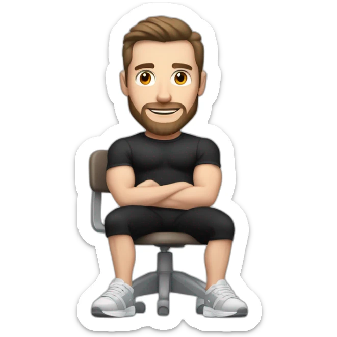 Pale skinned Fit Man With the biceps and dark brown hair in black shirt, gray sports shorts and white Sneakers Sitting on a chair sticker