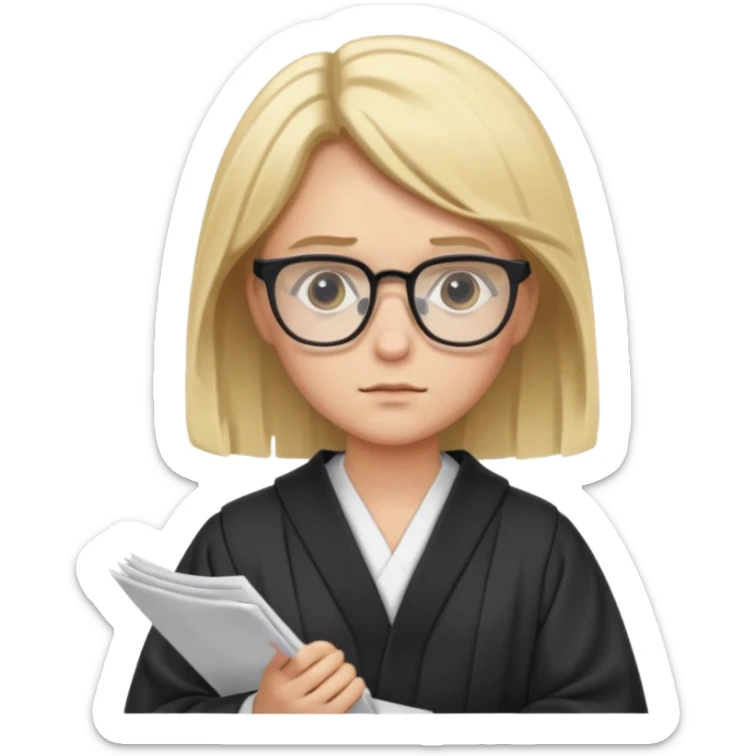 Young judge, blonde hair with glasses and robe, hold a paper sticker