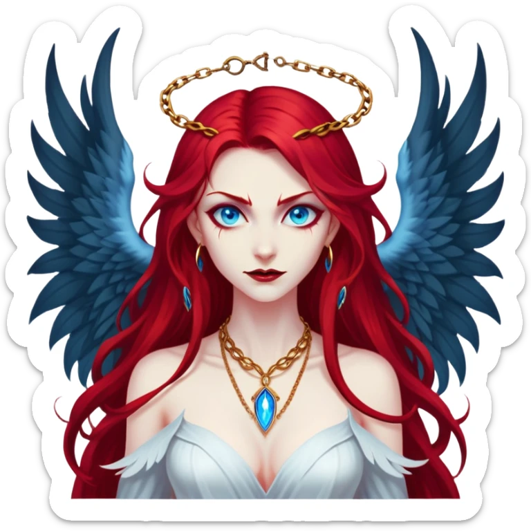 extremely diabolical girl with massive towering wings, very long flowing blood red hair, glowing blue eyes, black hellfire aura, no horns, evil grin, gold necklace sticker