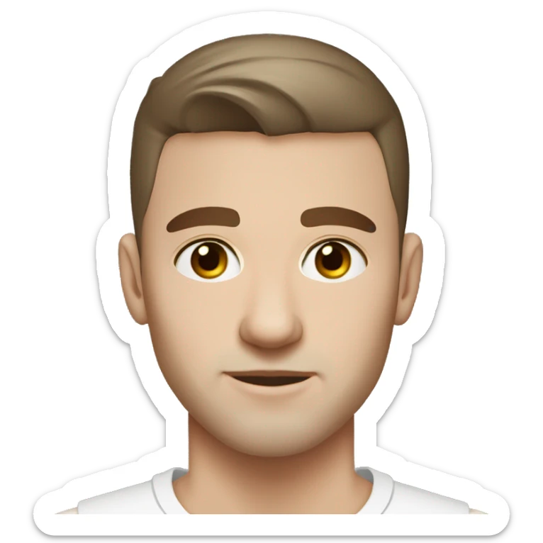 A slavic guy with blue eyes, light skin, shaved dark brown hair under 0.5, white T-shirt, silver earring piercing with cross on left ear. sticker