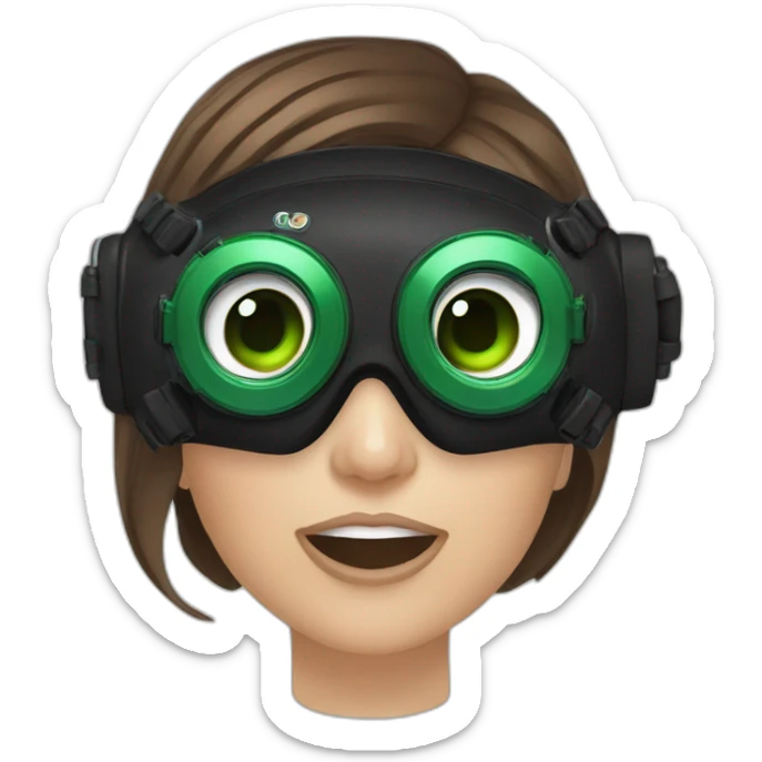 woman brown hair black diving mask with diving regulator in mouth, green eyes sticker