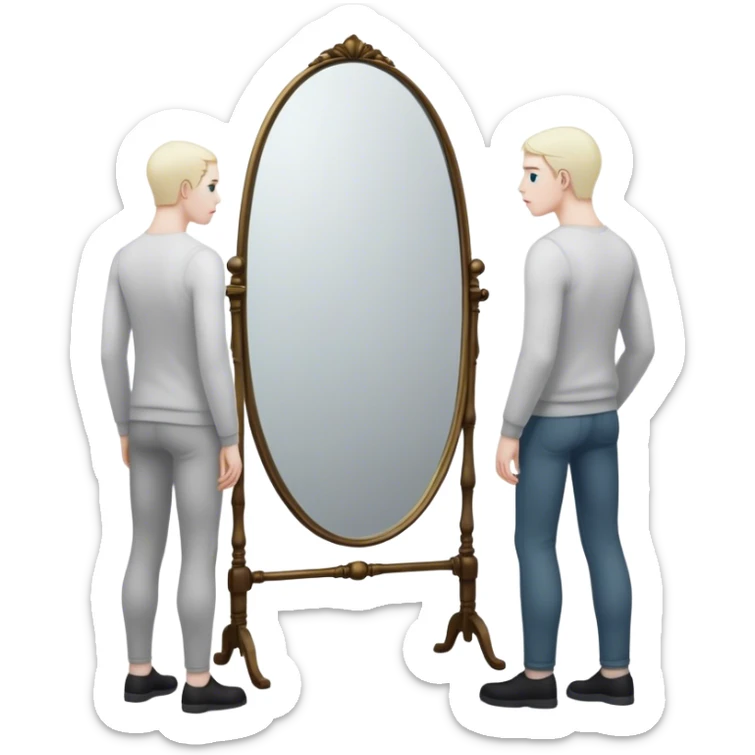 A person looks into a mirror, but instead of their own face, they see a larger figure watching them—distant, imposing, and unreadable. As they step back, the reflection fades, revealing only themselves. They turn away, realizing the power was never in the reflection but in walking away. sticker