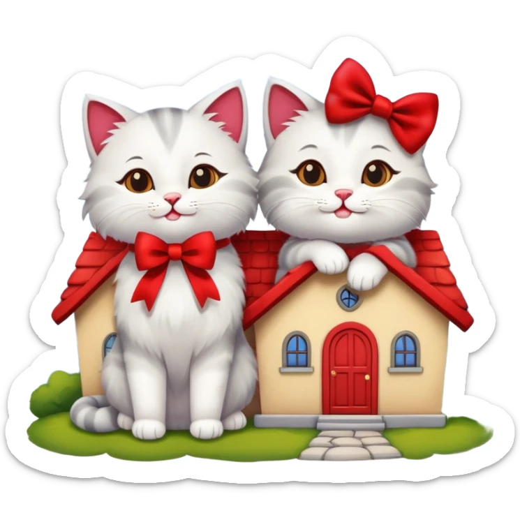 two happy cats in love with a house behind them that has a bow on the roof sticker