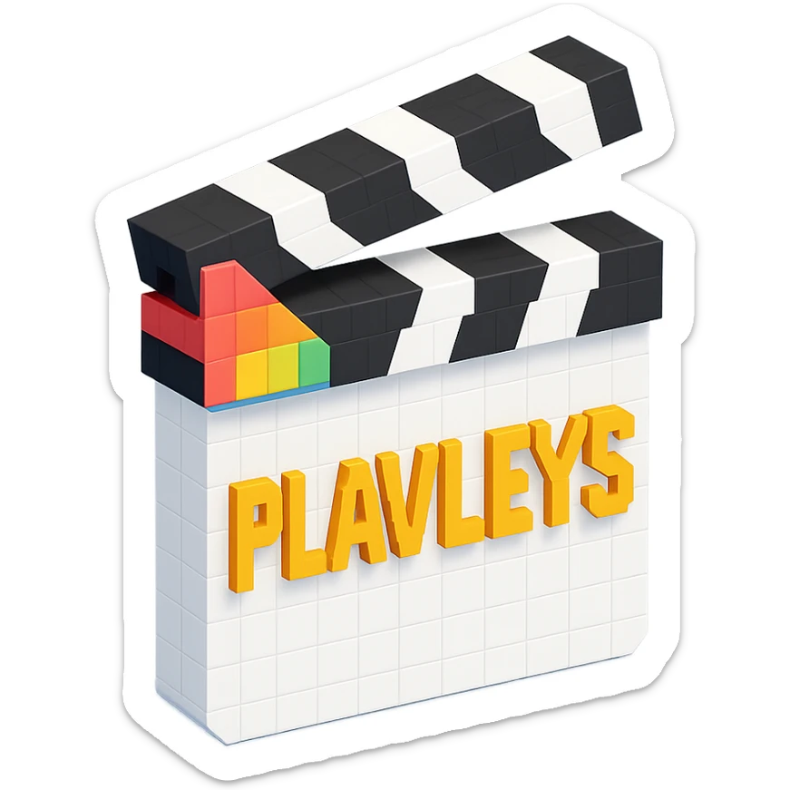 voxel style movie clapperboard with the text 'PLAVLEYS', white body, black lid, isometric view sticker