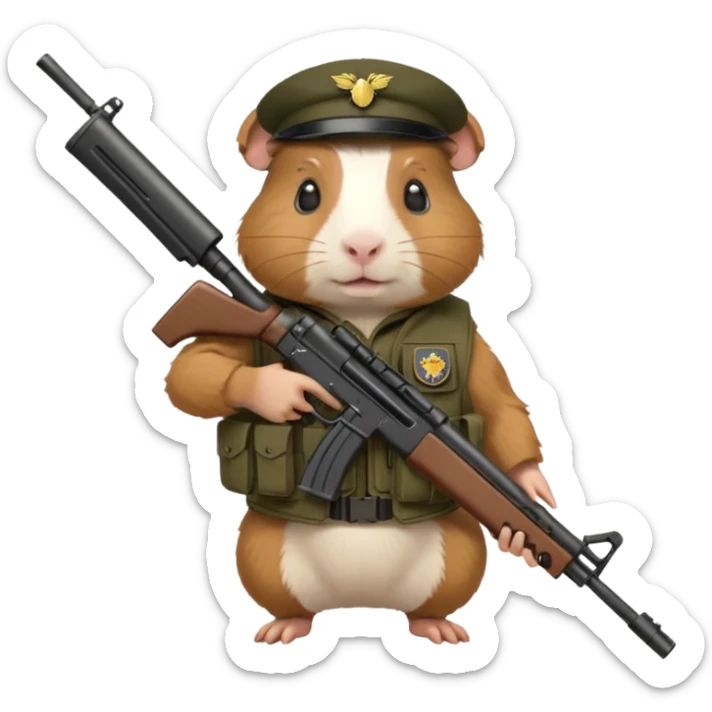 guinea pig dressed in tactical military vest holding a rifle in chest no hat sticker