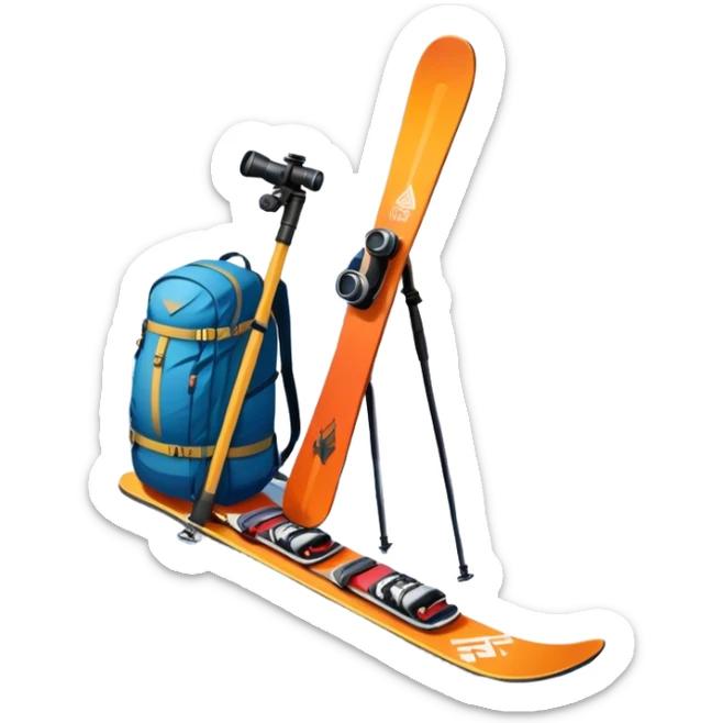 Icon for Mountain Tourism: a snowy mountain peak in the landscape, with skis, a snowboard, an ice axe, a backpack and a camera. The icon should capture the adventure and exploration of mountain landscapes. Transparent background. sticker