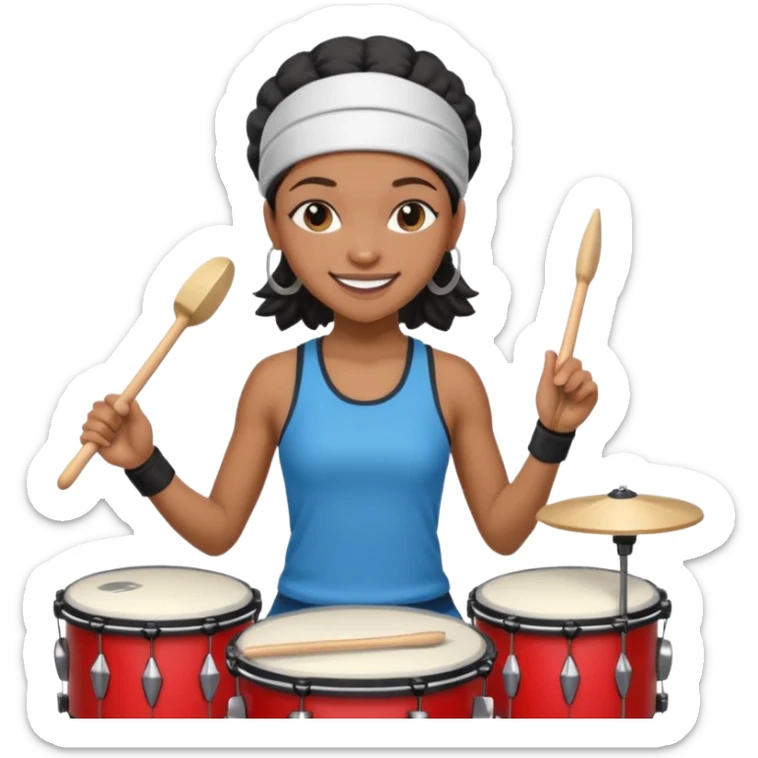 A black girl drummer with a sporty headband and clothes, tapping her drum rhythmically with a grin. sticker