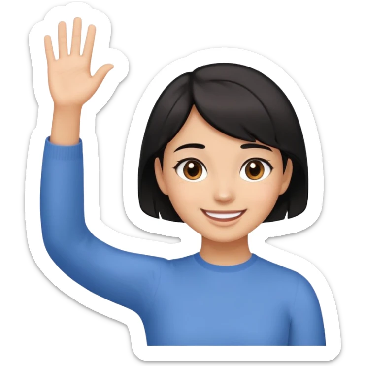 a young girl with short black hair to the nape of her neck, dark brown eyes, light brown skin, smiling and waving from the front sticker