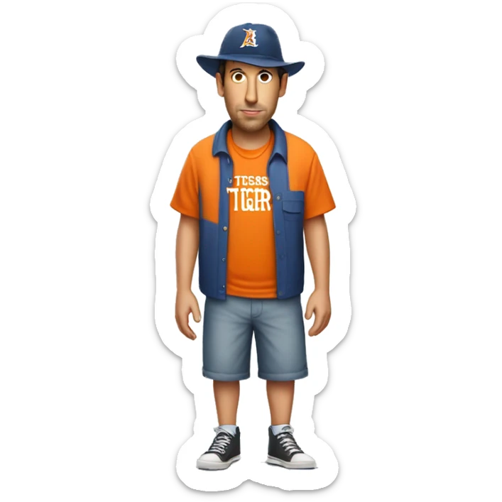 adam sandler full body wearing shorts, orange shirt, hat with word tigers. sticker