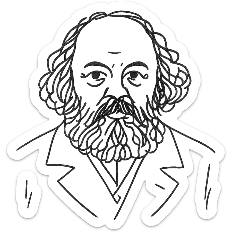 a hand drawn black outline portrait of Mikhail Bakounin with similar size eyes based a famous photograph of him sticker