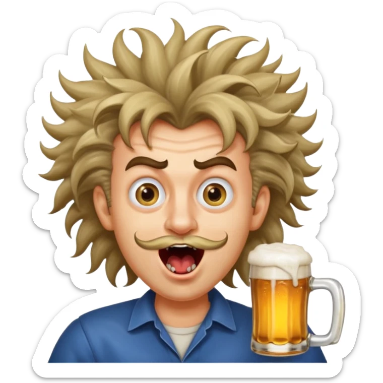 silly man with wild hair holding a beer, cross eyed, mouth wide open, wild eyebrows, super crazy face sticker