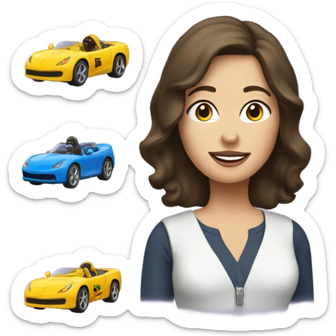 A white brunette woman who playing with the toys cars, and write the word “Ok” at the top sticker