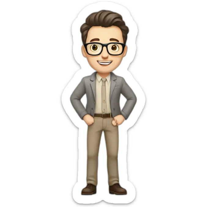 Joyful Full height Pale skinned Fit Man With dark brown hair in gray jacket, beige office shirt, Brown pants and vintage glasses. His thrumbs up sticker
