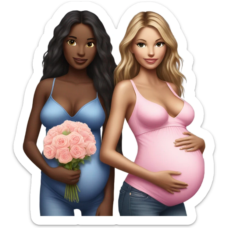 Realistic Photo of 2 Victoria secret models pregnant posing with flowers sticker