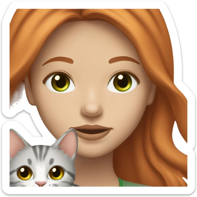 Pretty redhead woman with light brown eyes and long lashes holding a very cute light gray tabby with a slightly orange hue and green eyes  sticker