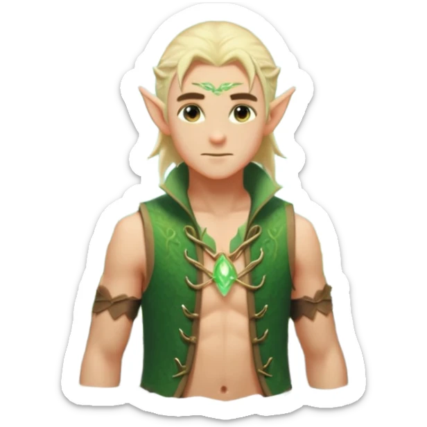 elf male legolas wading in shallow tide pool, palm emitting soft green light to heal glowing coral, practical open vest over bare chest, determined gaze, pointy ears, vibrant underwater plants, centered emoji, nature guardian summer sticker
