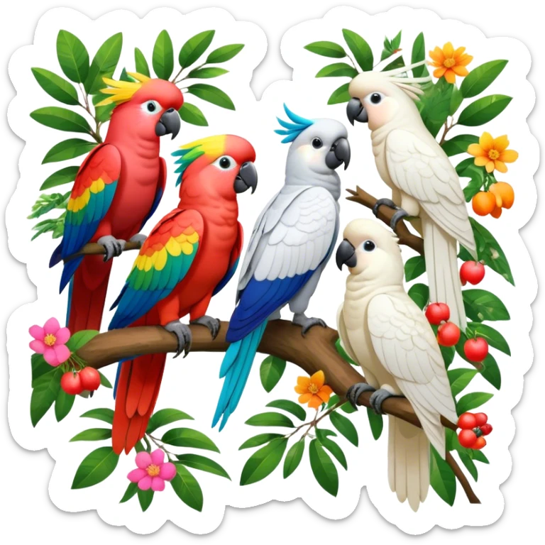 Close-up collage of vibrant Ara parrots and Inca cockatoos sitting on tree branches, surrounded by lush greenery. Bright colors of the birds stand out against a natural, sunny background of trees, flowers and fruits. Transparent background. sticker