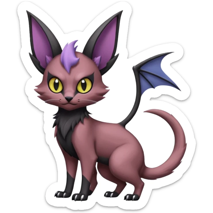 dark edgy dull pointy edgy Noivern-Noibat-Purloin-Torracat-Lykoi-Caracal-cat-Fakemon-fusion-hybrid-creature, with bat-wings on head as ears sticker