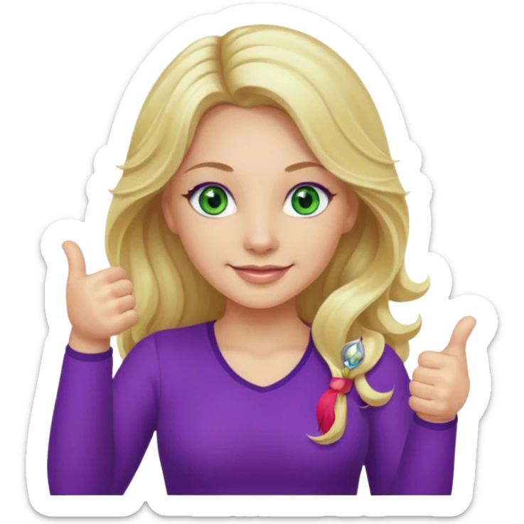 lady with long wavy blonde hair, purple top, green eyes, thumbs up sticker