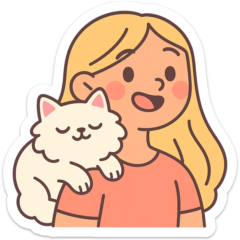 a girl with long blonde hair, a white fluffy cat resting on her left shoulder and neck, pastel toon style emoji for Discord and Slack sticker