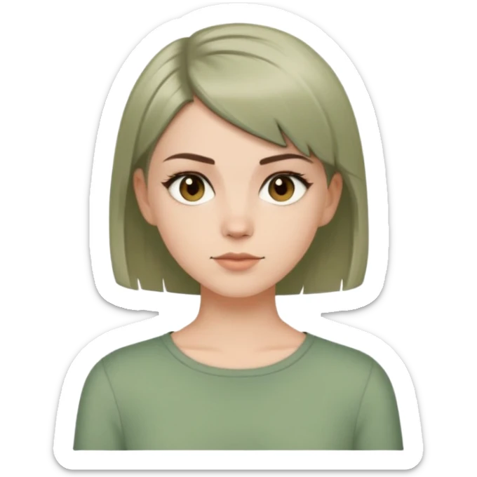 White girl with short wolfcut hairstyle, brown eyes, straight hair, wearing a sage green top sticker