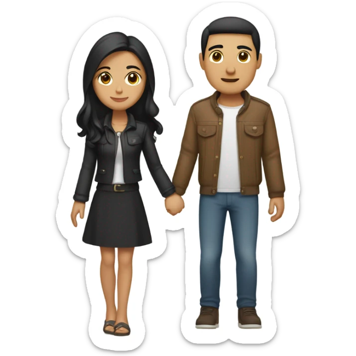 a couple holding hands. the guy has black middle part hair and is Persian and Filipino mix, wearing a jacket. the girl has brown medium length hair white and asian mix, wearing a crop top. sticker