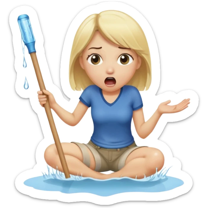 blond woman on her knees, shocked, holding a wide skin-tone stick with a D-shaped knob, the stick emerging from trousers hanging in front of her face, water squirting from the knob into her mouth sticker
