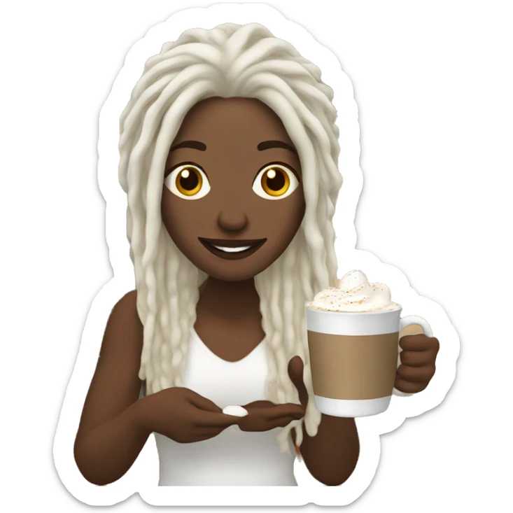 White woman with white dreadlocks holding hot chocolate in front of a fireplace sticker
